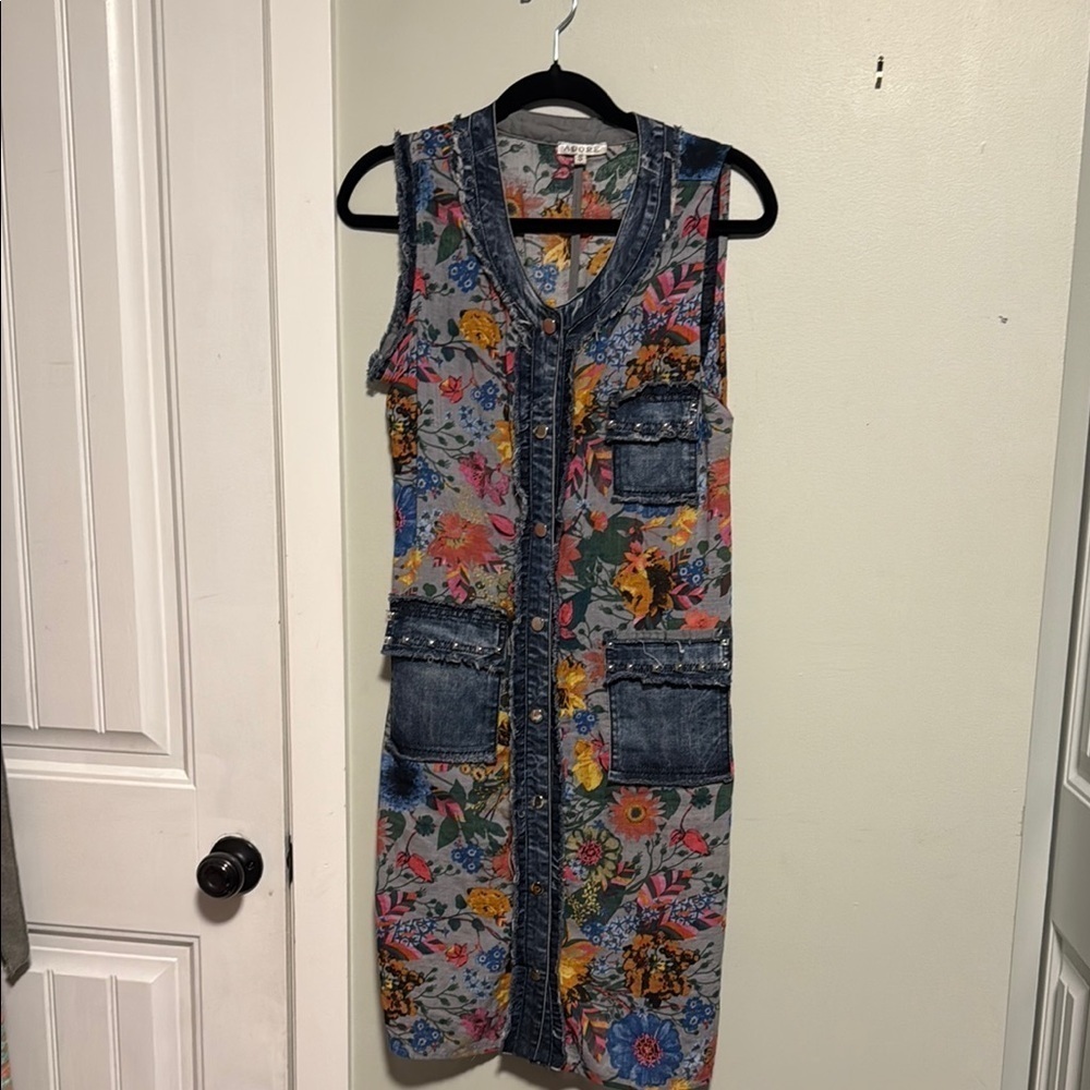 Adore Unique Floral Patterned Denim combo dress - Small